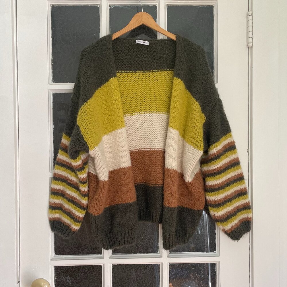 Oversize knit cardigan - green, brown, cream stripes (one size)